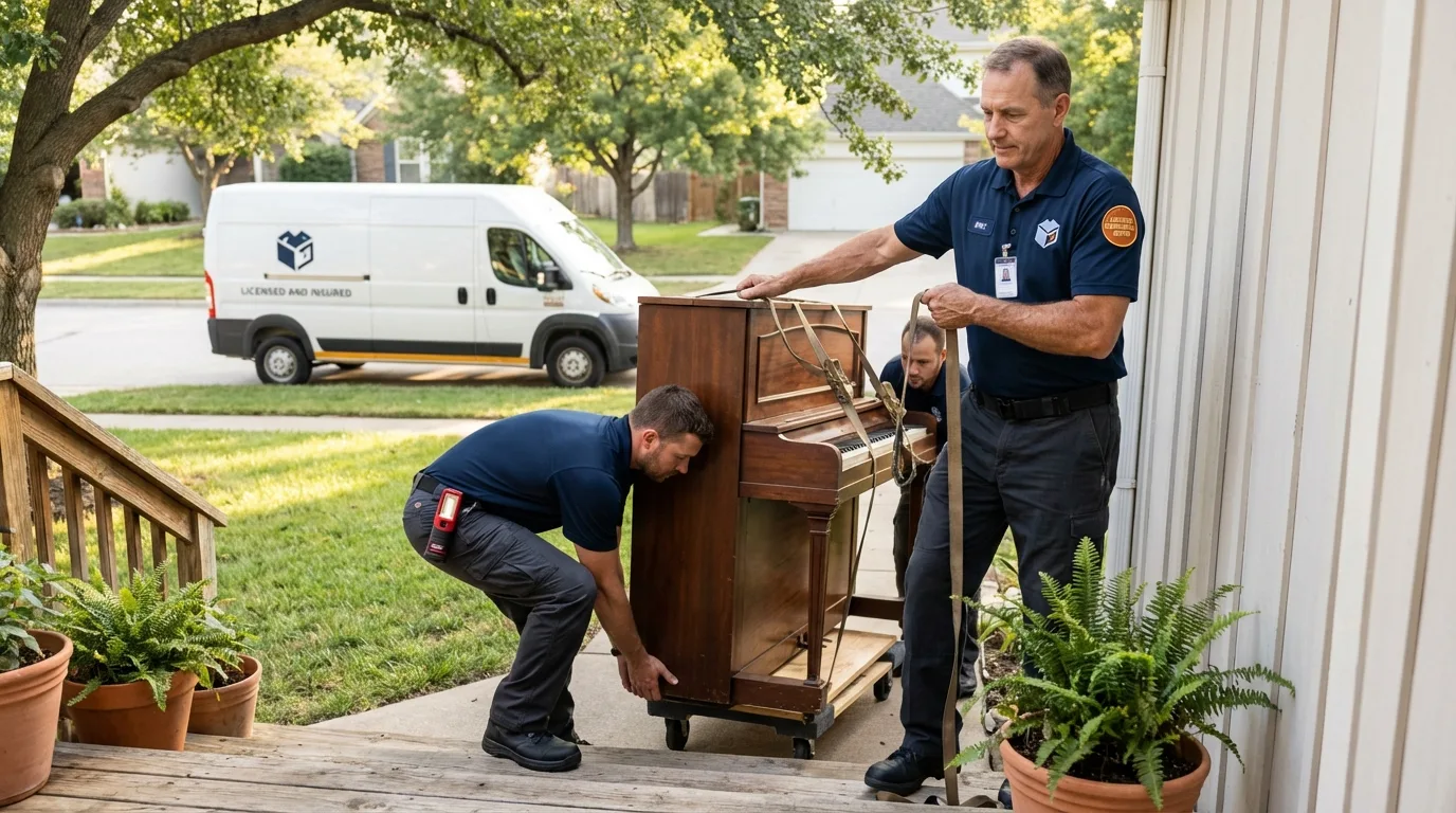 Licensed piano movers securing grand piano in Afton, MN
